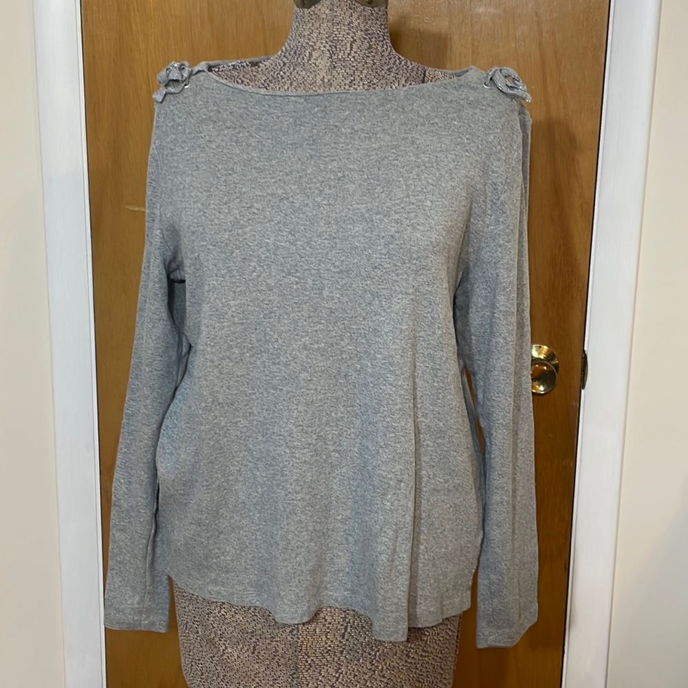 Talbots Womens XL Light Gray Blouse Boat Neck and Tie Accents on Shoulder